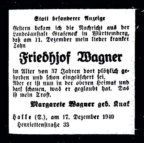 Bild: Todesanzeige für Friedhjof Wagner, 17. Dezember 1940