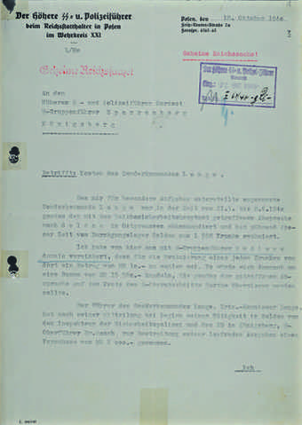 Bild: Schreiben des Höheren SS- und Polizeiführers beim Reichsstatthalter in Posen, Jakob Sporrenberg (1902–1952), an den Höheren SS- und Polizeiführer Nordost, 18. Oktober 1940