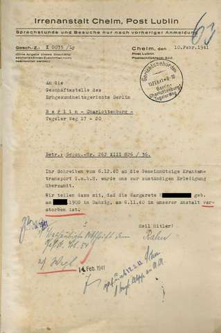 Bild: Mitteilung der Irrenanstalt Chelm an das Erbgesundheitsgericht Berlin über den Tod von Margarete H., 10.2.1941