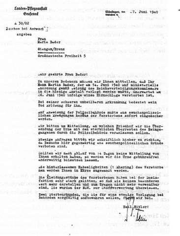 Bild: Trostbrief des »Sonderstandeamtes« Grafeneck vom 27. Juni 1940