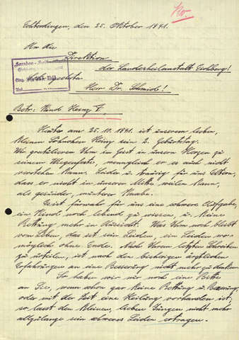 Bild: Schreiben von Albert F. an die Direktion der Landesheilanstalt Eichberg, wo sich eine »Kinderfachabteilung« befand, 25.10.1941. Der Vater von Heinz F. bat 1941 darum, seinen »lieben Jungen nicht mehr allzulange sein schweres Leid ertragen« zu lassen.