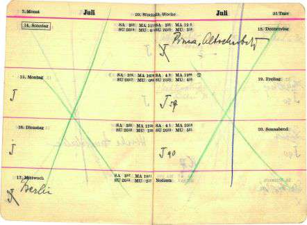 Bild: Notizkalender von Irmfried Eberl, Juli 1940. Die Transporte mit jüdischen Patienten sind mit einem »J« gekennzeichnet.