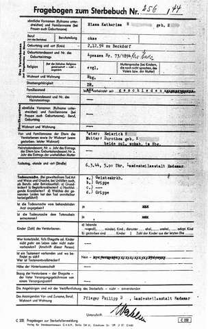 Bild: Sterbefallanzeige für Minna Heinze, Standesamt Hadamar, 6. März 1944