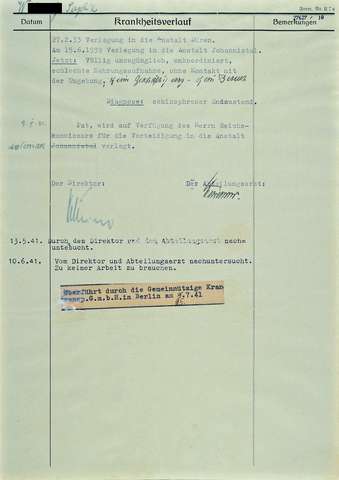 Bild: Auszug aus der Krankengeschichte von Sophie W., 1933–1941