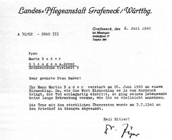 Bild: Schreiben der Landes-Pflegeanstalt Grafeneck an die Witwe Maria Bader vom 6. Juli 1940