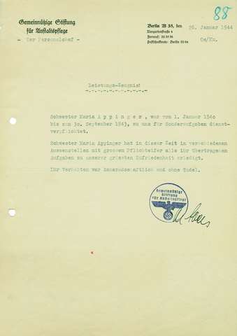 Bild: Leistungs-Zeugnis der »Gemeinnützigen Stiftung für Anstaltspflege«, Tiergartenstraße 4, für Maria Appinger, 26. Januar 1944