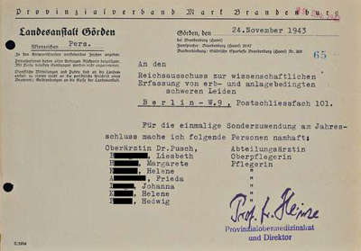 Bild: Der Anstaltsleiter Hans Heinze bittet den »Reichsausschuß« um eine Sonderzuwendung für Friederike Pusch für ihre Beteiligung an der  »Kindereuthanasie«,  24. November 1943