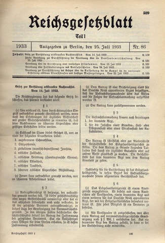 Bild: Reichsgesetzblatt, Teil I, Nr. 86, 25. Juli 1933