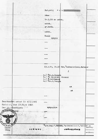 Bild: Sterbefallanzeige des »Sonderstandesamtes« Hadamar für Grigorij Schamrizkij vom 13. März 1945 (Durchschrift)