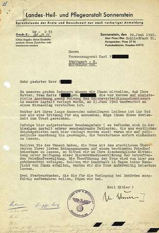 Bild: »Trostbrief« der Tötungsanstalt Sonnenstein an den Sohn von Marie F. (1873–1940), 24. Juni 1940