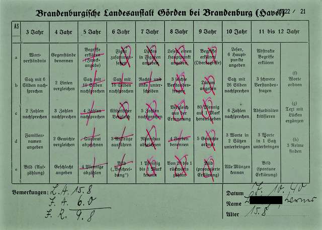 Bild: Intelligenzprüfungsschema der Landesanstalt Brandenburg-Görden, ausgefüllt für Werner B., 1940